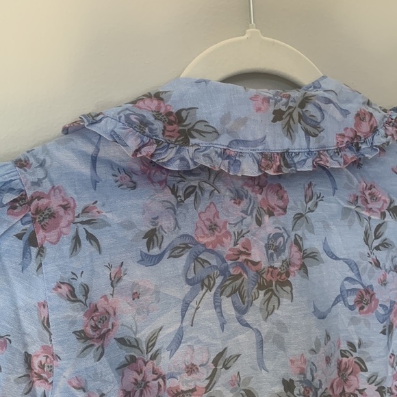 PETER Pan Collar Floral Short Sleeve Buttondown Blouse 100% Cotton Size 2 - Picture 8 of 14